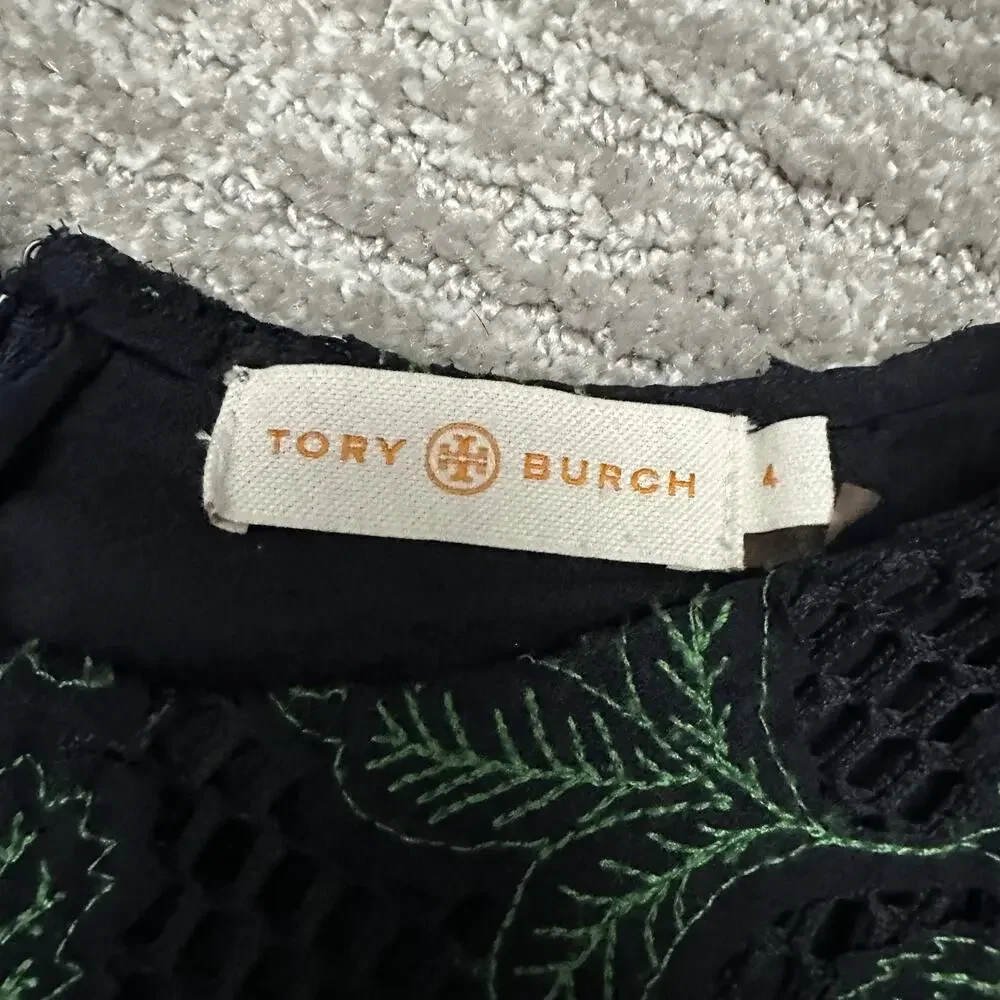 Tory Burch Dress Womens 4 Blue Green Floral Lace Sheath Short Sleeve Lined Mesh